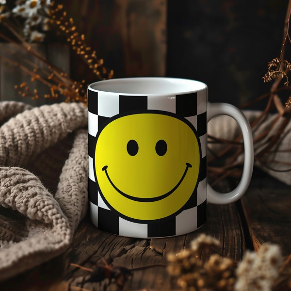 Checkerboard Checkmate Smiley Mug in Liquorice - Love Frankie