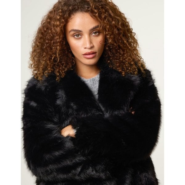 Blue Vanilla Faux Fur Long Coat - Black
