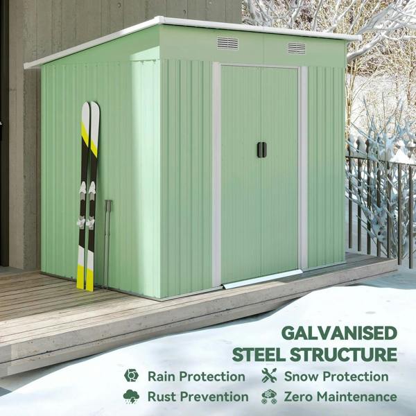 Light green metal storage shed with double sliding doors and side vents