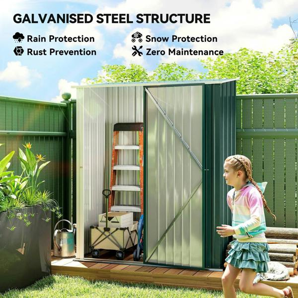 Green corrugated steel garden shed with diagonal brace and front door access