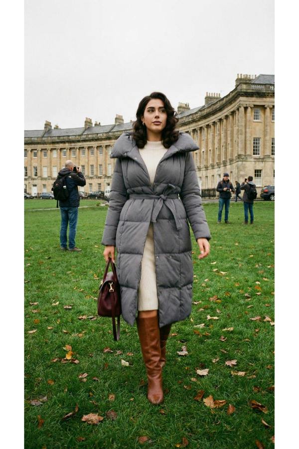 Velina Longline Puffer Coat With Belted Waist - Grey
