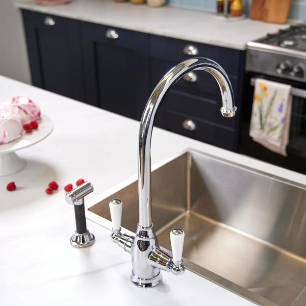 Flode Halden | Dual Lever Kitchen Sink Mixer Tap and Rinser with Swivel Spout | Polished Chrome Finish