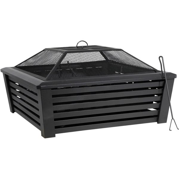 89cm Square Black Fire Pit Wood Burner - Modern Outdoor Garden Heater Mesh Lid