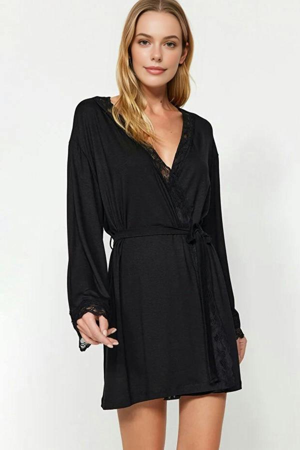 WOVCOR Viscose Knit Dressing Gown with Belt and Lace Detail