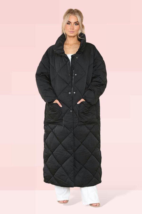 Elaina Fashion Women's Black Longline Maxi Quilted Padded Coat - Comfort Winter Warm Puffer Full Zip Down Oversized Long Sleeve Jacket Outwear