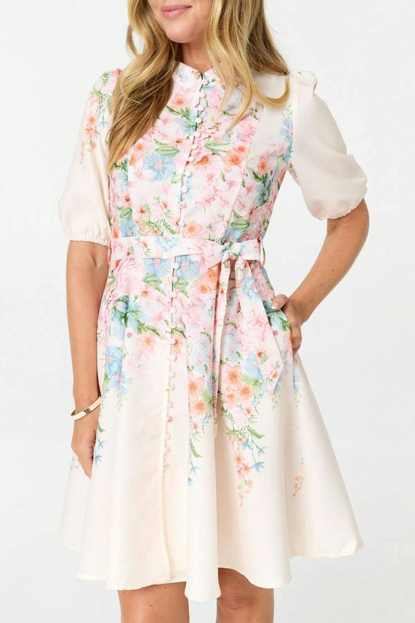 White | Floral 1/2 Sleeve Tie Waist Short Dress