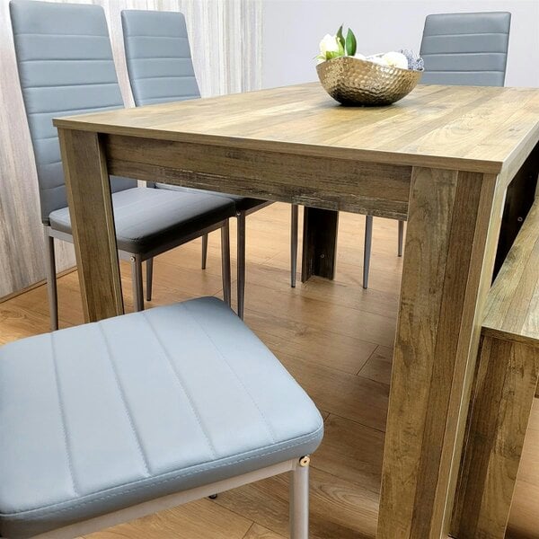 Kosy Koala Wooden Dining Table Set for 6 Rustic Effect Table With 4 Grey Leather Chairs and 1 Bench