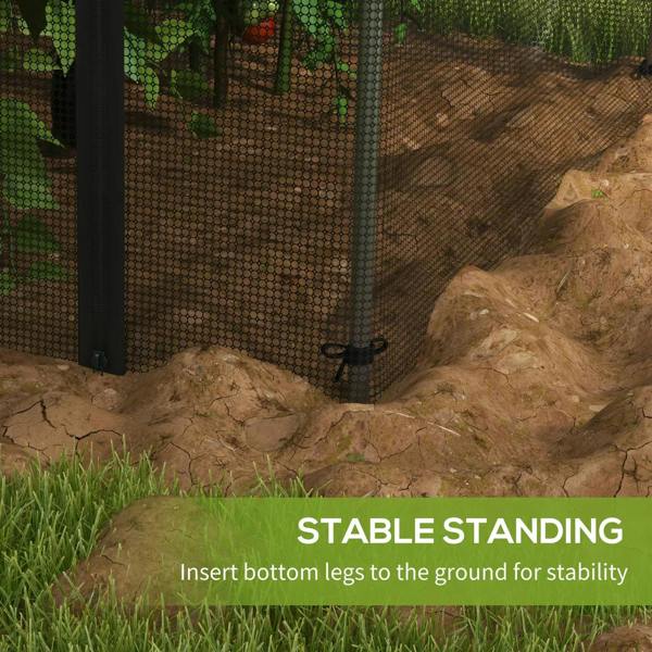 Plant protection tent with bottom legs staked into the ground for stability, arched mesh