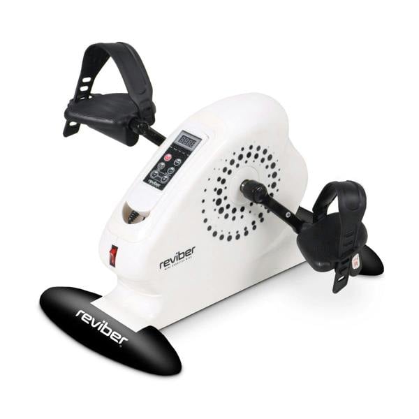 The Reviber Mini Motorised Exercise Bike is a compact, white device with black pedals, foot straps, a digital display, and “Reviber” branding—ideal for home fitness and low-impact rehabilitation.