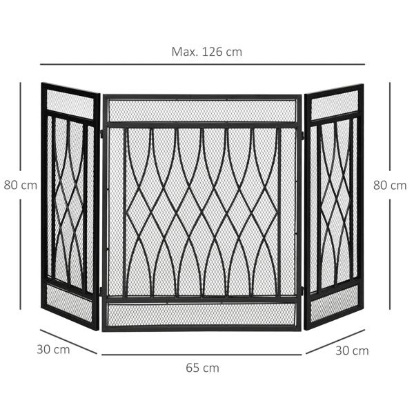 Black 3-panel folding fireplace screen with mesh panels and side lattice