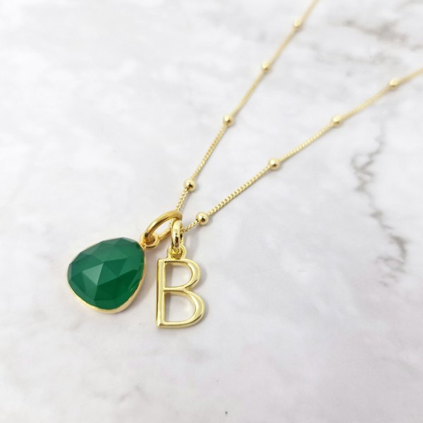 Harfi 18ct Gold Plated Green Onyx May Birthstone Initial Necklace