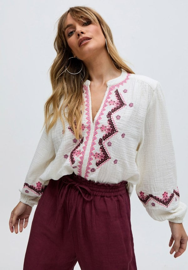 Dina V-Neck Embroidered Double Gauze Blouse In White