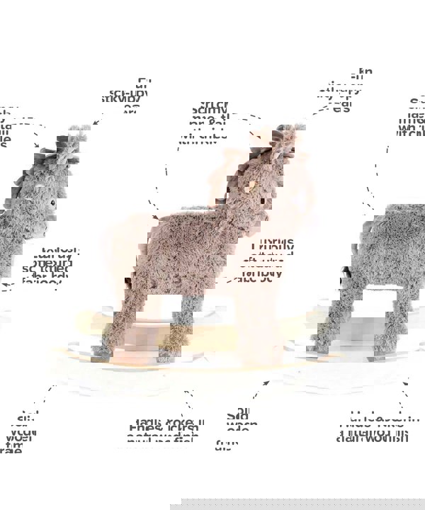 Infographic image of Norbert wooden horse rocker showing features and benefits