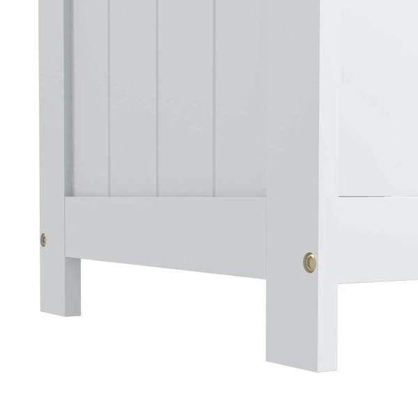 White storage chest lower panel and front leg detail, with metal hardware
