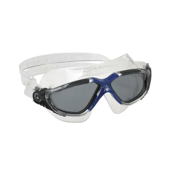 Blue and black Aqua Sphere Vista swim goggles with clear straps and ultra durable plexisol lens