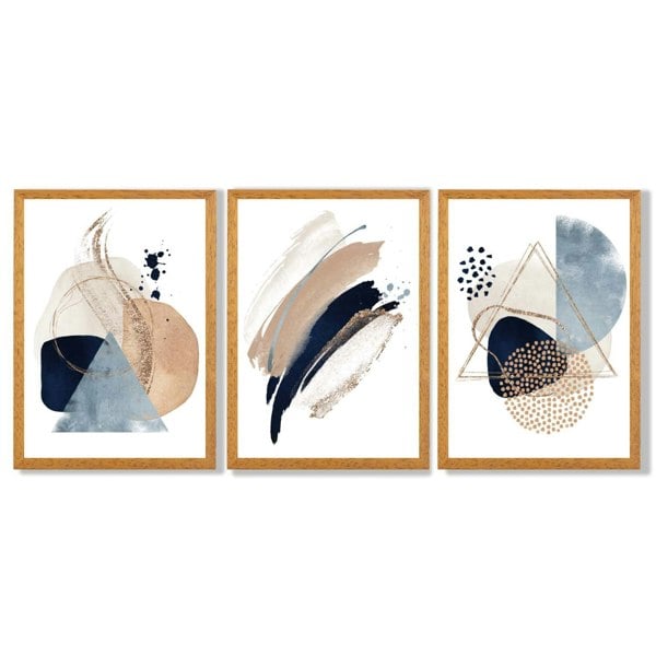 Artze Wall Art Set of 3 Abstract Beige Blue and Gold Framed Prints