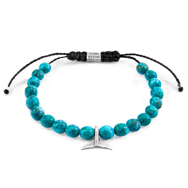 Anchor & Crew Blue Turquoise Think Ocean Mini Whale Silver and Stone Macrame Bracelet