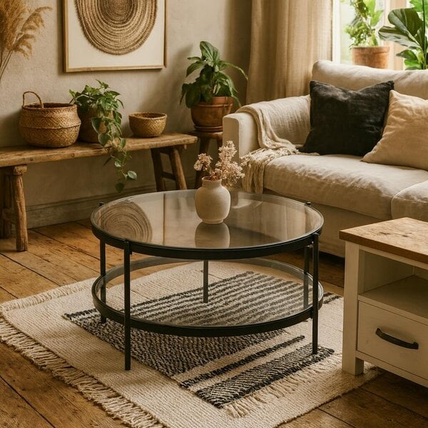 Wyld Haus Featheroak Grey Glass Round Coffee Table Black Metal Legs