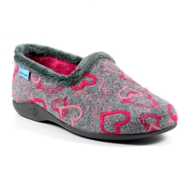 Lunar Womens Jolly Grey Heart Slippers - Grey/Pink