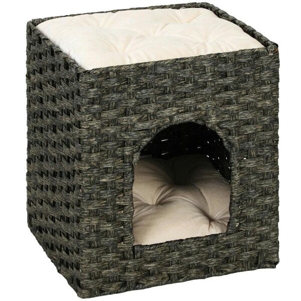2-Tier Wicker Cat House, Handwoven Rattan Cat Bed with Washable Cushions, Indoor Kitten Condo Hideaway
