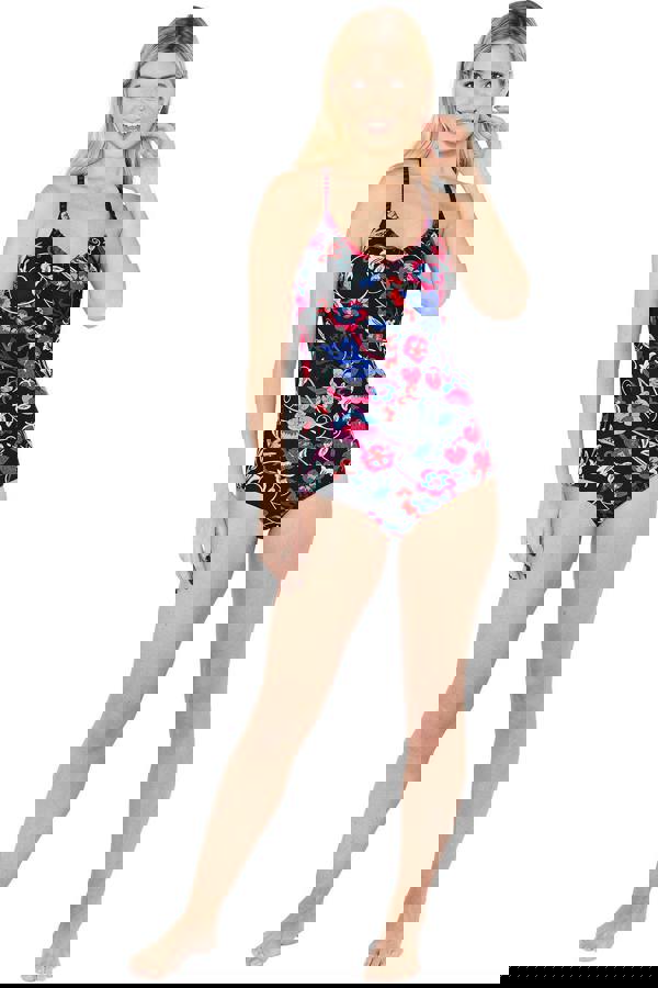 Blanket Stitch Black Pattern Cross Back Swimsuit Front