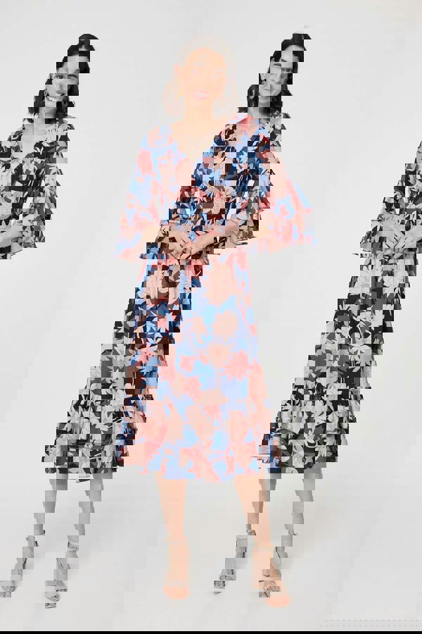 Navy | Floral 3/4 Sleeve Ruffled Midi Dress