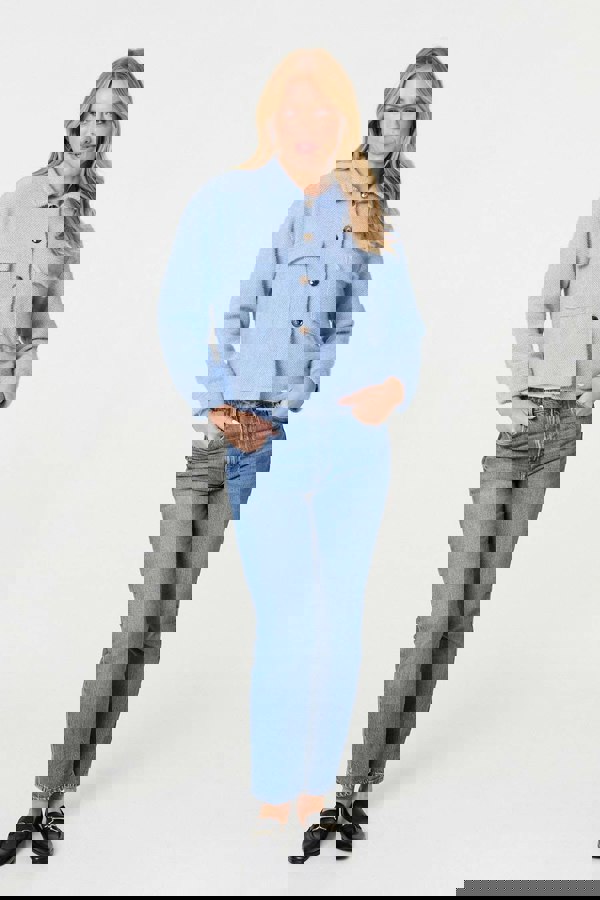 Blue | Flannel Cropped Pocket Front Shacket
