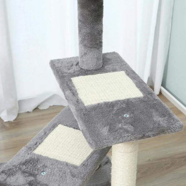 Grey cat tree tower base with three sisal scratching pads and fabric steps