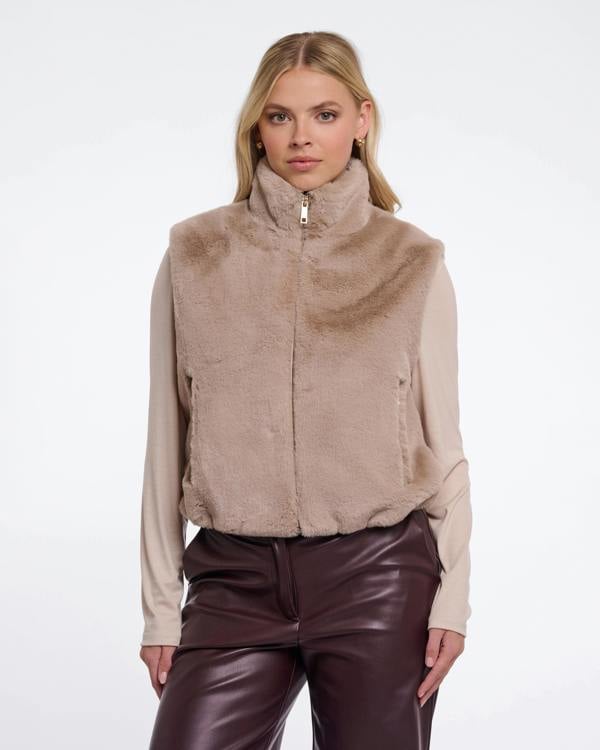 Rino & Pelle Nikki Womens Short Faux Fur Waistcoat - Oat | CHO | Designer Womens Short faux fur waistcoat