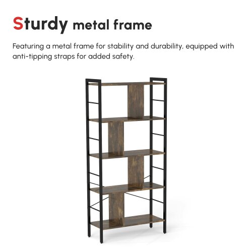 Wyld Haus Nofaluno Metal And Wood Rustic Brown And Black 5 Tier Industrial OFauxn Shelf Bookcase