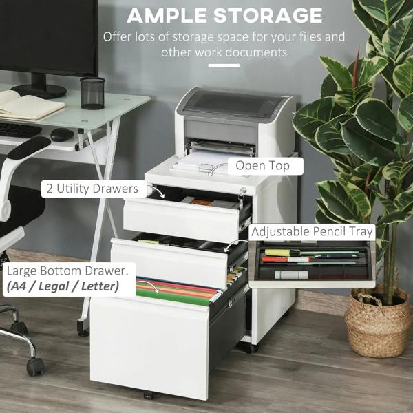 White mobile metal filing cabinet with open drawers, interior storage, and caster wheels.