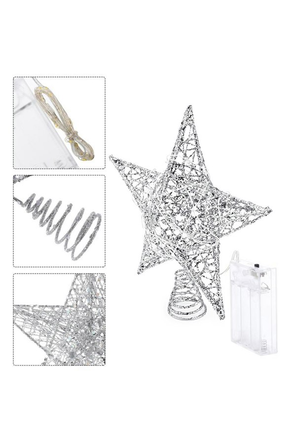 Living and Home 20cm Christmas Tree Topper Silver Glitter Christmas Tree Star with LED Lights