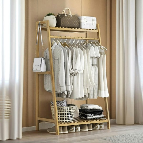 BMBO Wide Wooden Clothing Rail With Shelves Brown