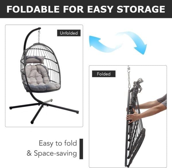 Leaper Rattan Foldable Hanging Egg Chair with Cushion Stand