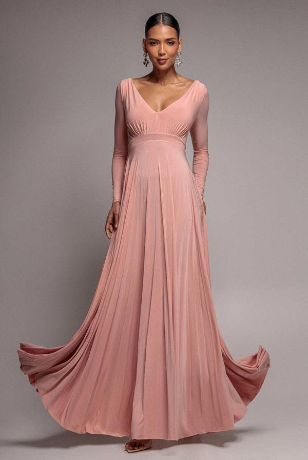Plunge Neck Long Sleeve A Line Maxi Dress - Blush Pink DR2608