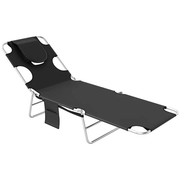 Foldable Sun Lounger, Beach Chaise Lounge - Reading Hole, Arm Slots, 5-Position Adjustable Backrest, Side Pocket, Pillow for Garden, Black