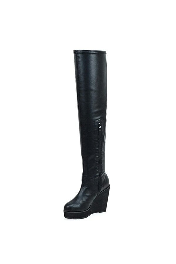 XY LONDON Stretch Over The Knee Wedge Heel Boots