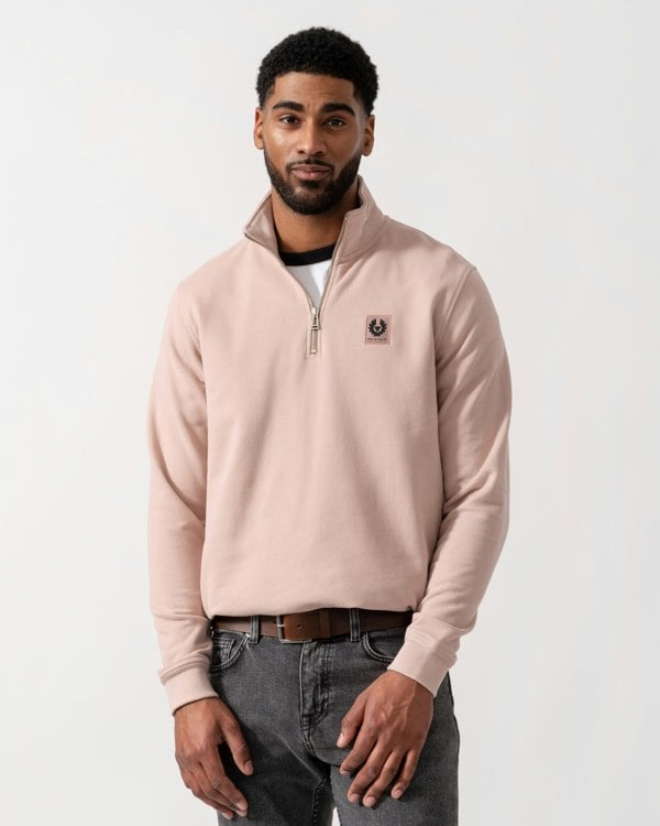Model wearing Belstaff Quarter Zip Sweatshirt in Dusk Pink - Main