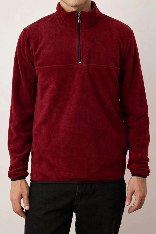 WOVCOR Regular Stand Collar Zippered Polar Fleece Men's Sweatshirt with Stitching Details
