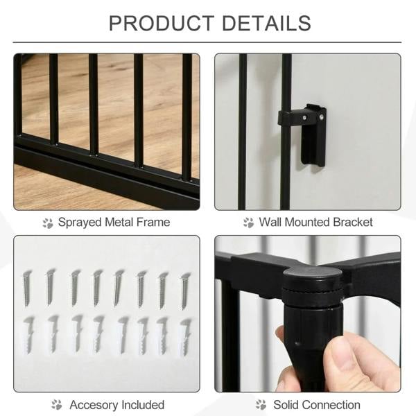 Black metal pet playpen fence details: wall bracket, solid connections, screws