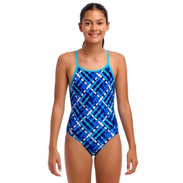 Funkita blue tie-dye girls one-piece swimsuit with bind shoulder straps