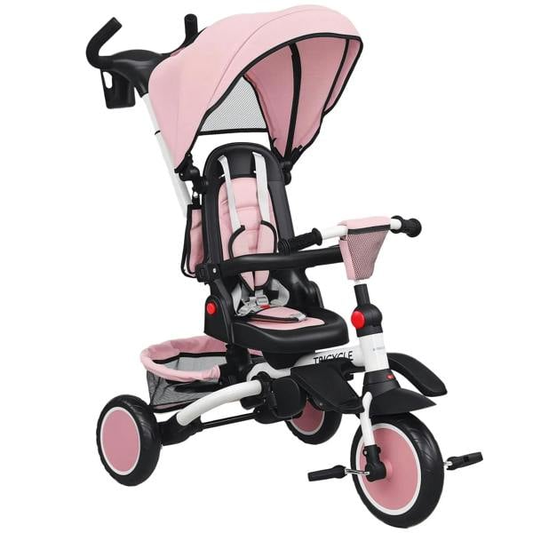 Pink kids tricycle with canopy, padded seat, and adjustable parent handle