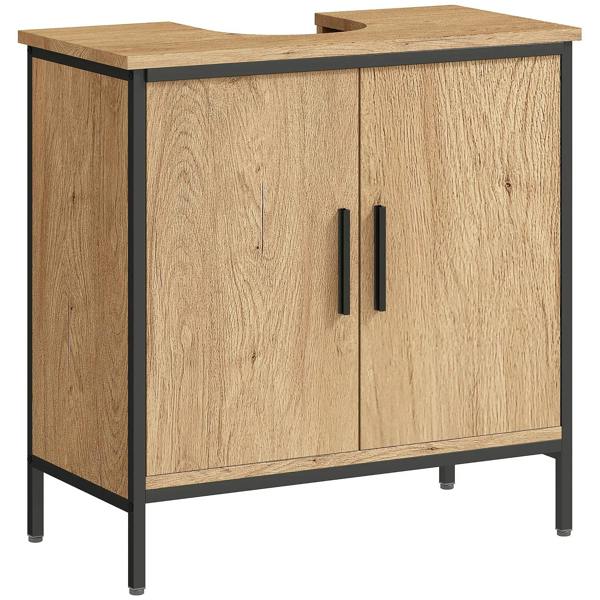 Oak under-sink vanity storage cabinet with two doors, bar handles, and adjustable feet