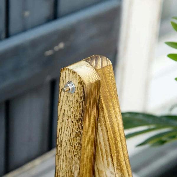 Brown wooden three-tier plant stand corner with metal connector and ladder leg detail.