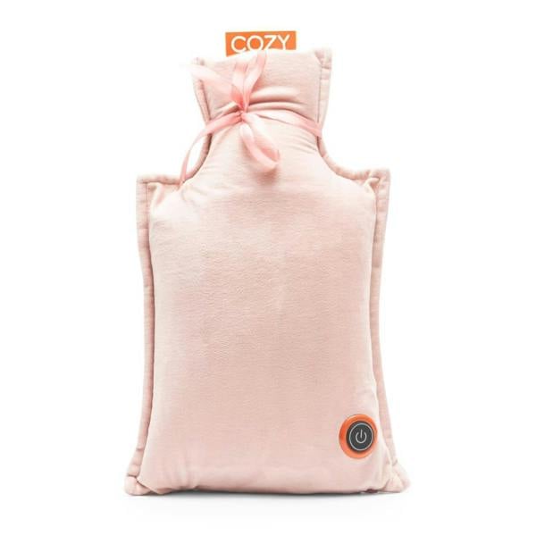 The UNA Rechargeable Hot Water Bottle is a rectangular, light pink electric heated cushion with a top bow, round black power button near the bottom, and "COZY" on an orange tag. It offers wireless warmth and ultimate comfort.