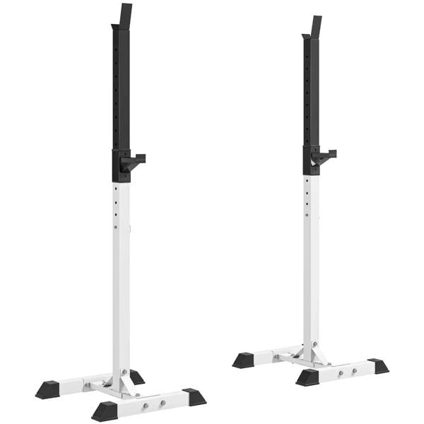 Black barbell squat stand rack with adjustable safety arms and stable base feet