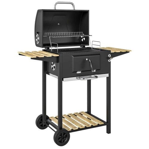 Bobobiy Charcoal BBQ Grill with Height Adjustable Charcoal Pan, Barbecue Smoker with Warming Rack, 3 Shelves, Bottle Opener Cooking Garden Party