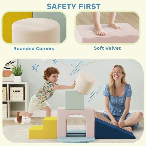 8-Piece Foam Play Blocks for Kids, Soft Motor Skill Blocks with Washable Velvet Covers, Indoor Climbing Set, Multicolor