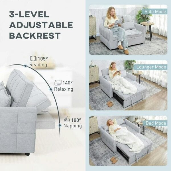2 Seater Sofa Bed, 3-in-1 Convertible Sleeper Sofa with Click-clack Adjustable Backrest and 2 Pillows, Light Grey