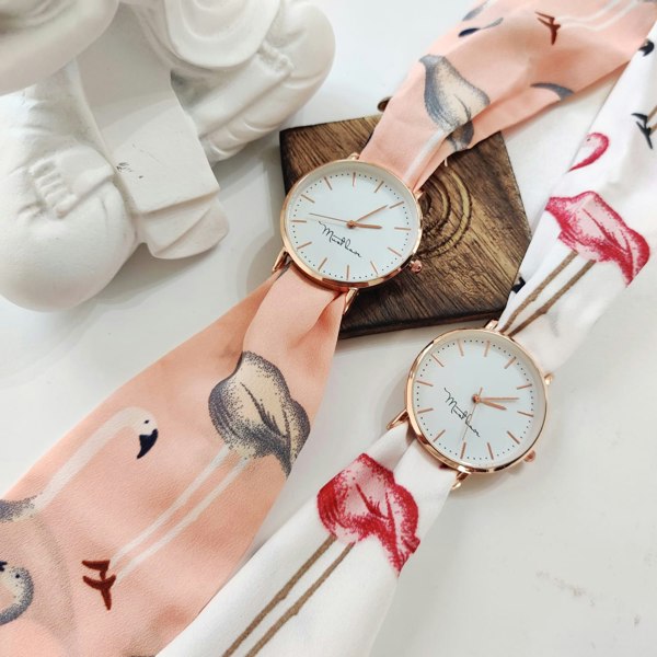 The Colourful Aura White Swan Cloth Cotton Tie Knot Strap Geneva Boho Wristwatch - Pink/White